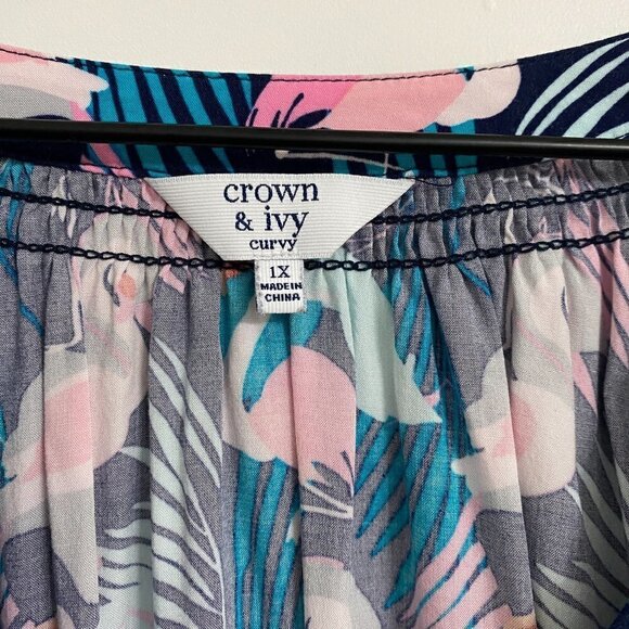 Crown & Ivory Tropical Flamingo Graphic Novelty Print AOP Top Blouse, Size XL - Picture 9 of 9